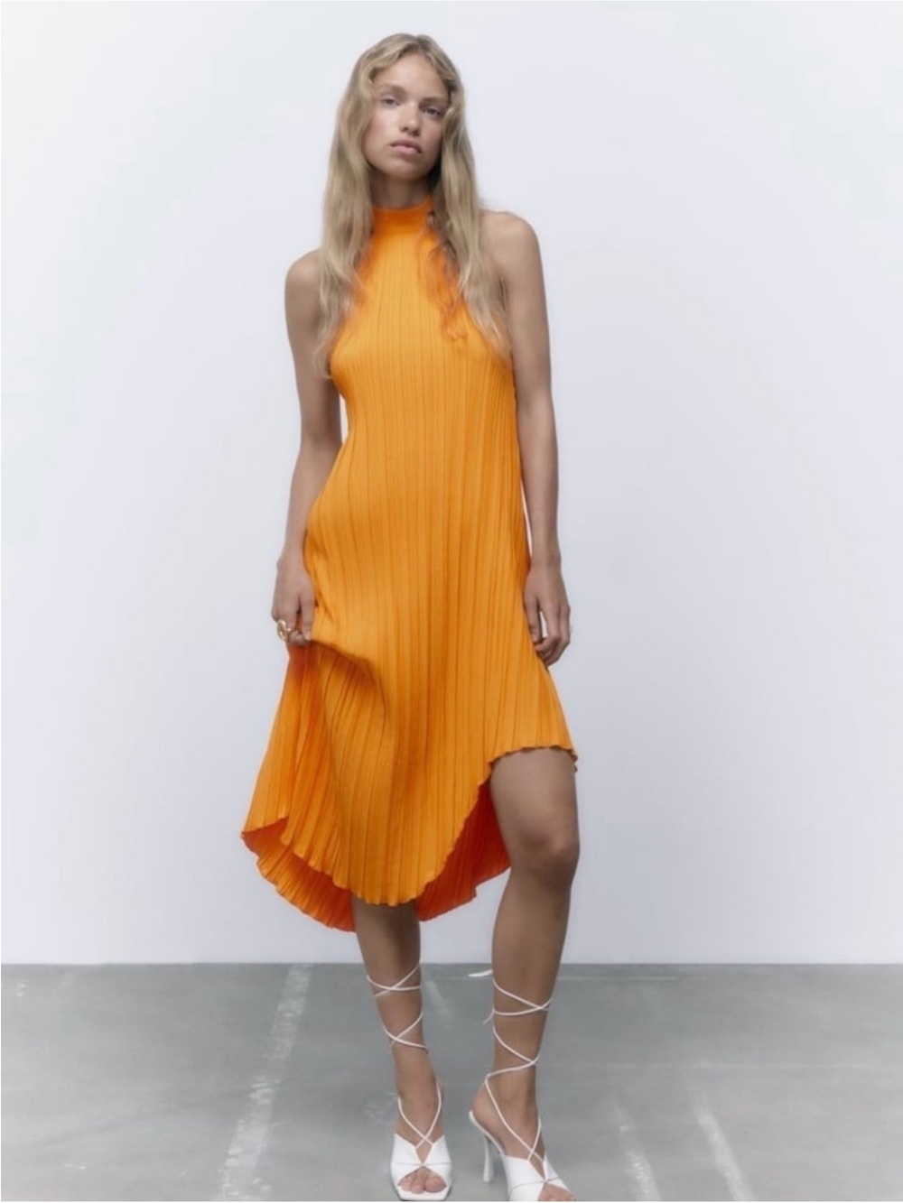 Zara Orange Pleated Halter Maxi Dress Medium - Picture 13 of 14